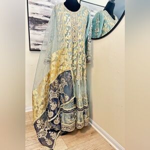 Elegant Embroidered Dress in Blue and Gold